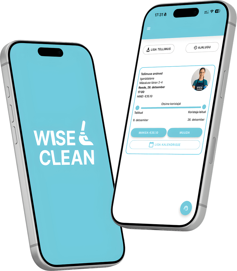 WiseClean mobile app screenshots showing the home screen and booking interface