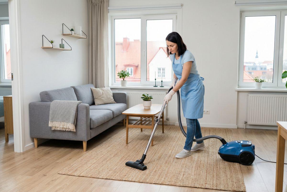 Professional cleaner vacuuming a carpet in a Tallinn apartment