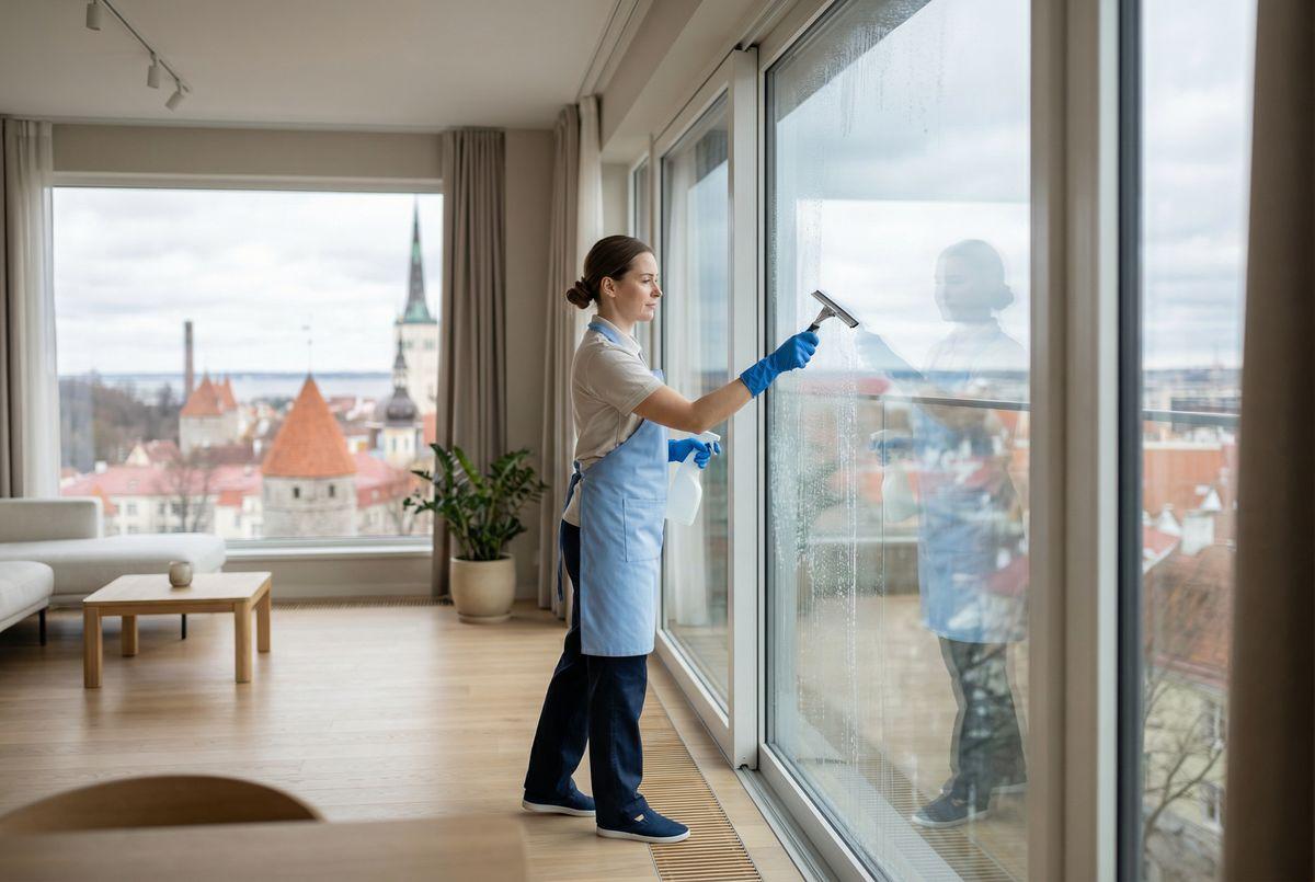 Professional cleaner using a squeegee on windows with Tallinn Old Town view